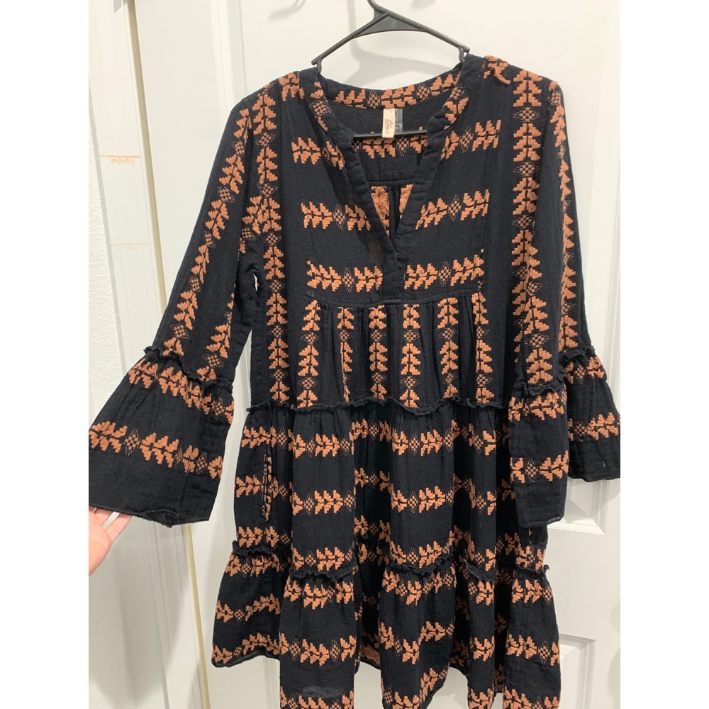 Elan Black  Embroidered Tiered Boho Mini Dress Bell Sleeve Split Neck - Picture 4 of 5
